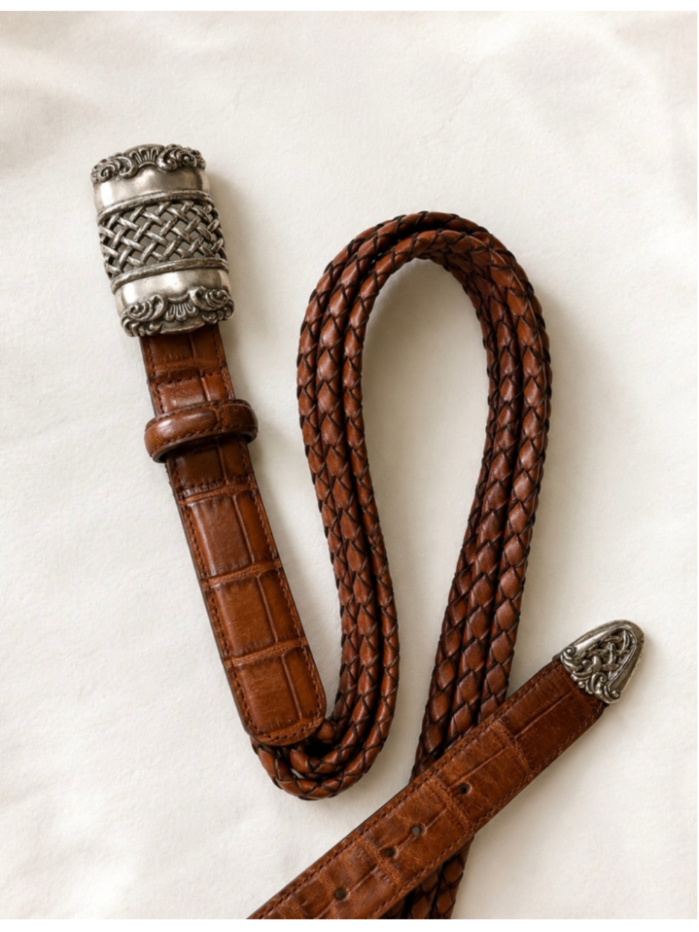 Vintage 1995 Brighton Brown Braided Leather Belt Medium 90607 Silver Hardware
